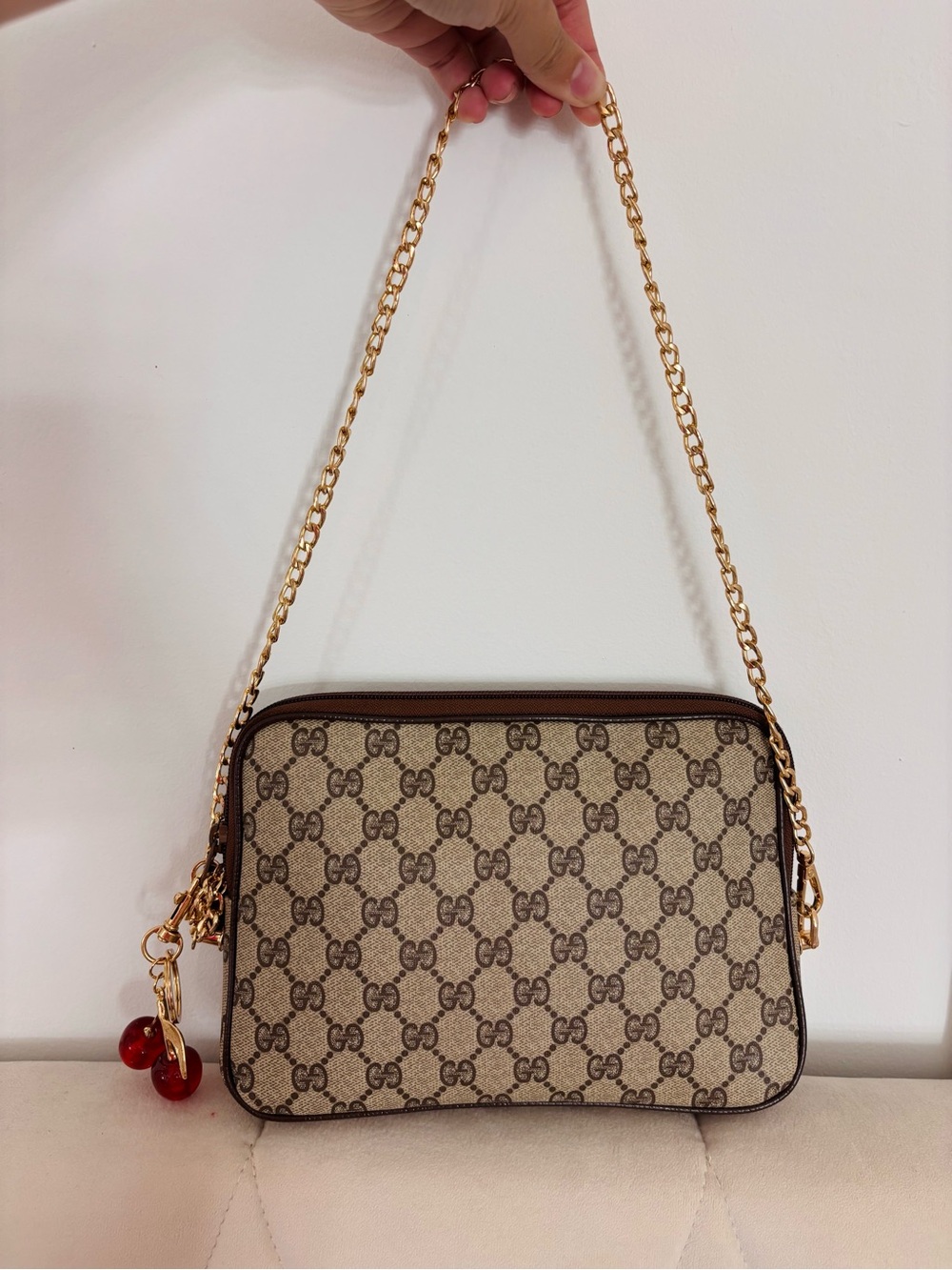 Gucci Beige Brown Monogram Chain Shoulder Bag with Cherry Charm